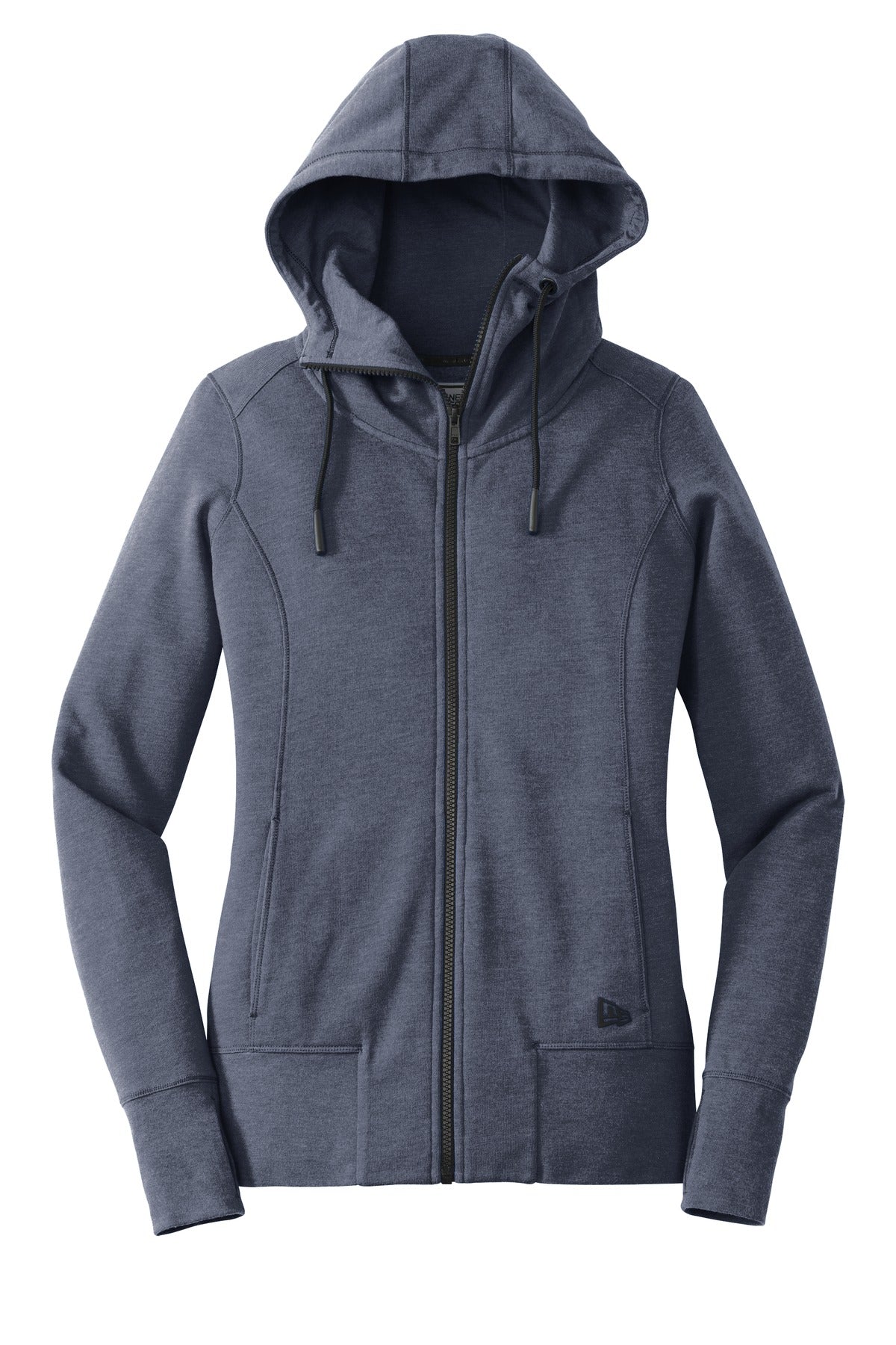 Front View of True Navy Hthr New Era Women's Tri-Blend Fleece Full-Zip Hoodie. LNEA511