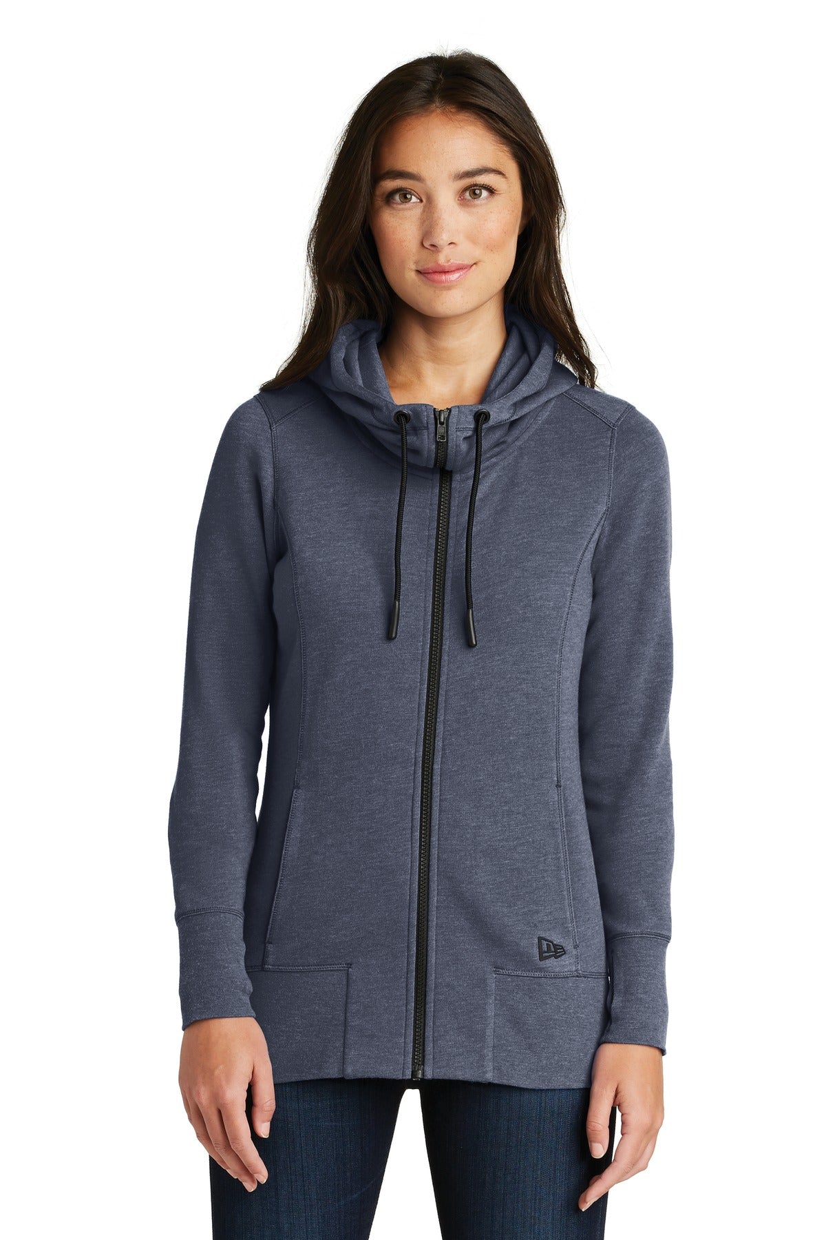 Front View of True Navy Hthr New Era Women's Tri-Blend Fleece Full-Zip Hoodie. LNEA511