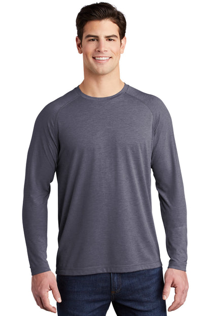 Front View of True Navy Hthr Sport-Tek PosiCharge Long Sleeve Tri-Blend Wicking Raglan Tee ST400LS