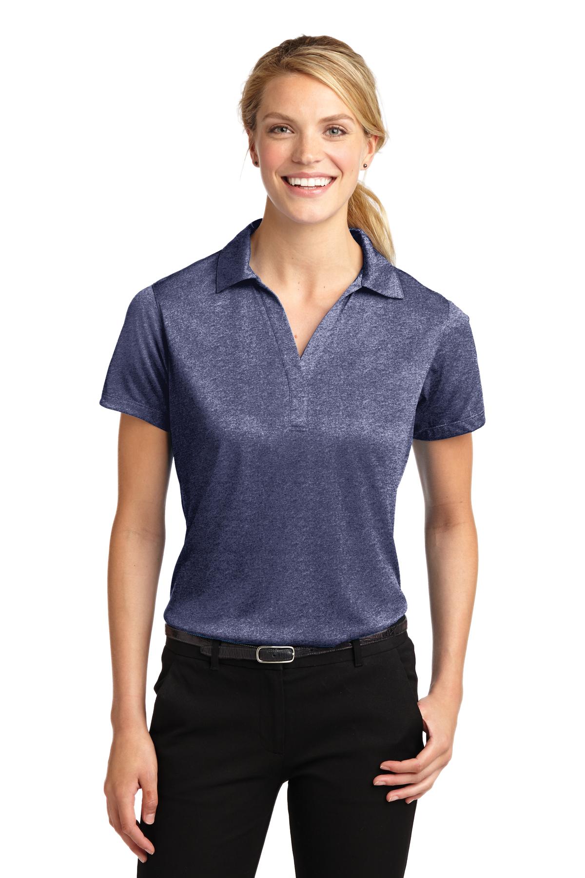 Front View of True Navy Hthr Sport-Tek Women's Heather Contender Polo. LST660