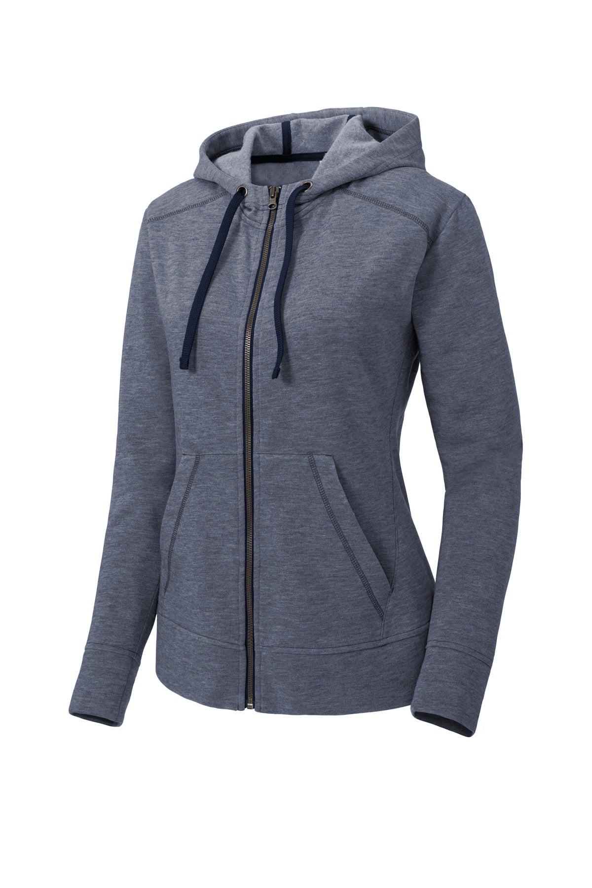 Front View of True Navy Hthr Sport-Tek Women's PosiCharge Tri-Blend Wicking Fleece Full-Zip Hooded Jacket LST293