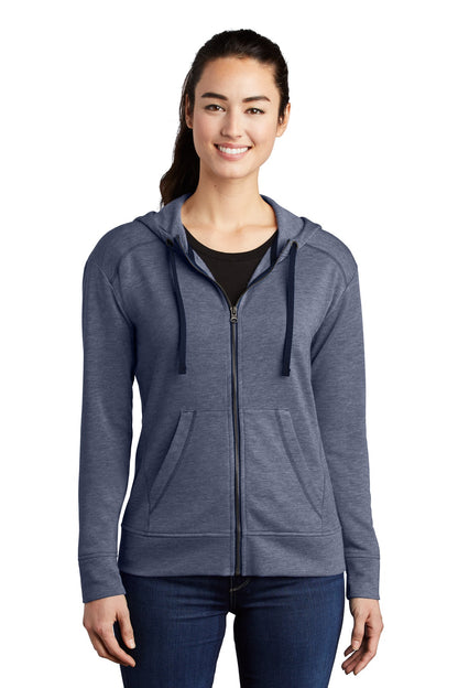 Front View of True Navy Hthr Sport-Tek Women's PosiCharge Tri-Blend Wicking Fleece Full-Zip Hooded Jacket LST293