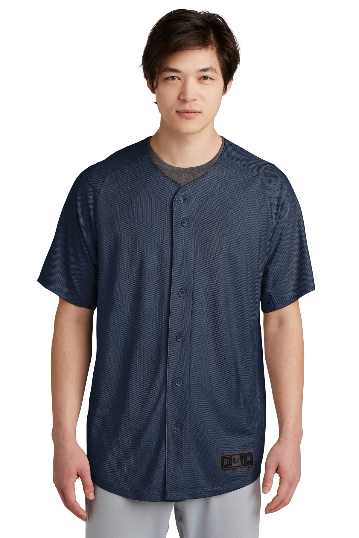 Front View of True Navy New Era Diamond Era Full-Button Jersey. NEA220