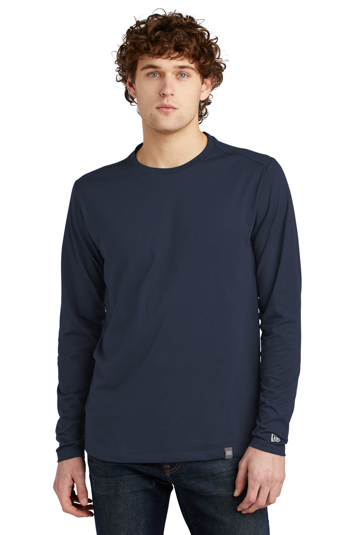 Front View of True Navy New Era Heritage Blend Long Sleeve Crew Tee. NEA102