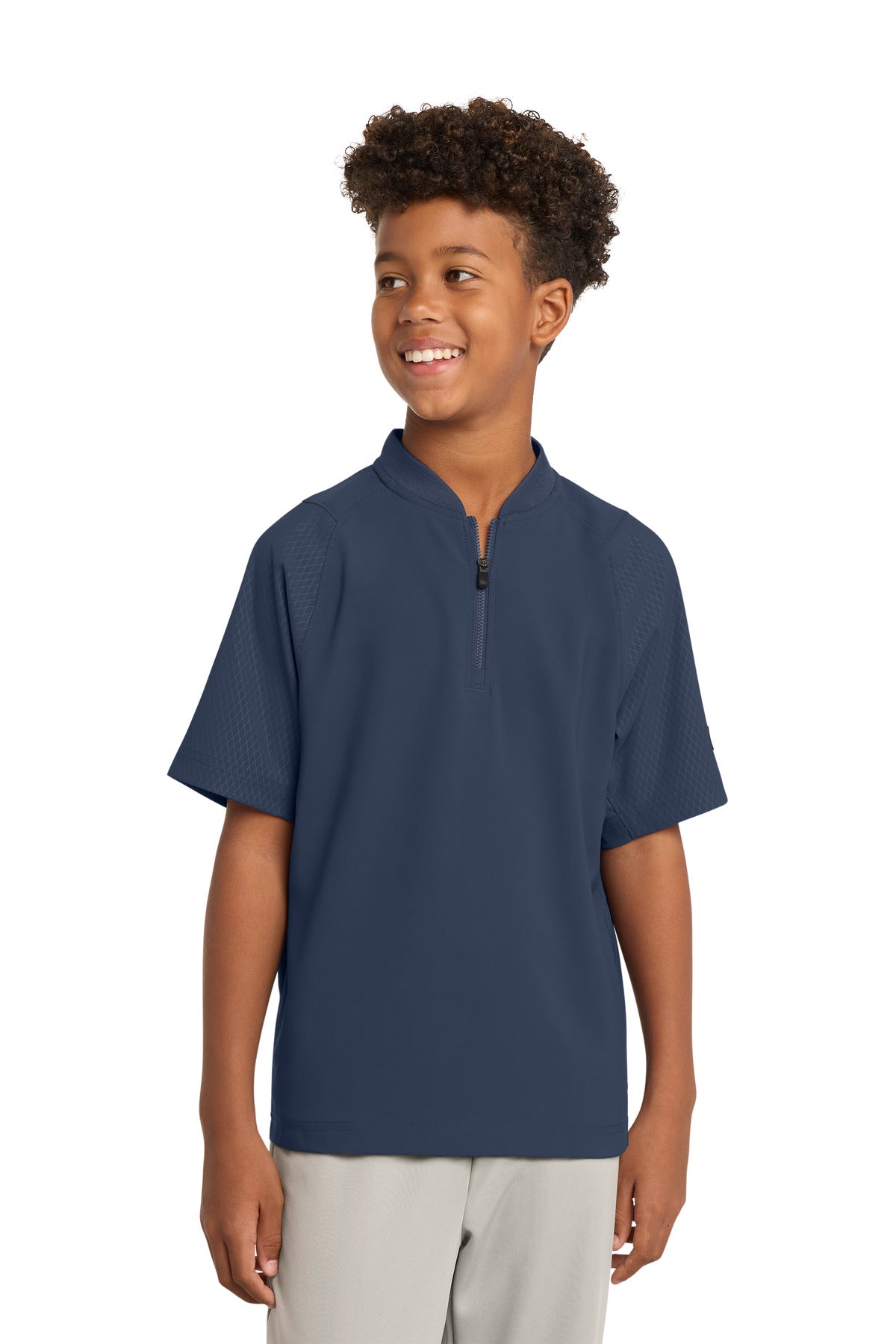 Front View of True Navy New Era Youth Cage Short Sleeve 1/4-Zip Jacket. YNEA600