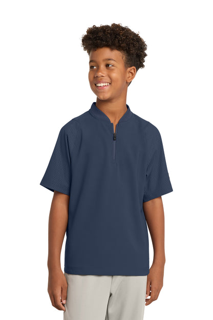 Front View of True Navy New Era Youth Cage Short Sleeve 1/4-Zip Jacket. YNEA600
