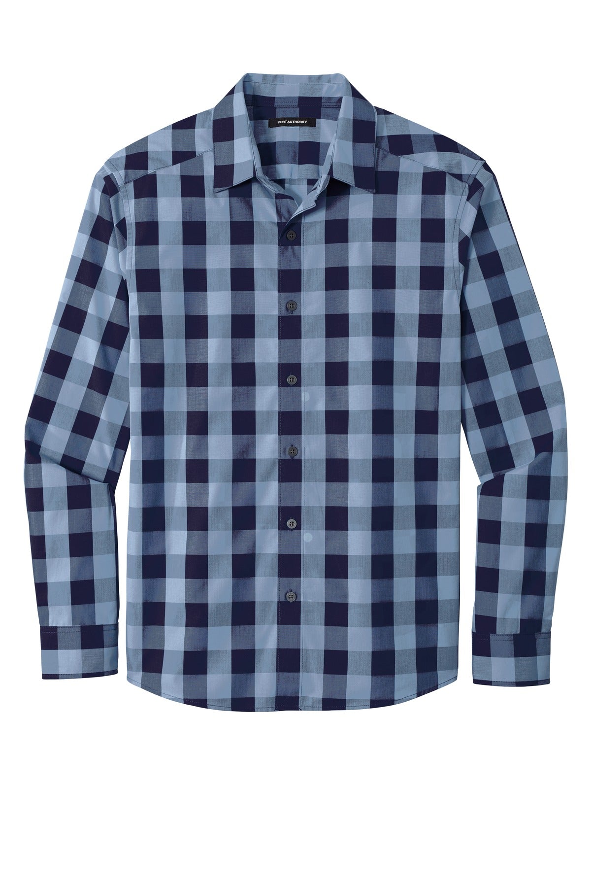 Front View of True Navy Port Authority Everyday Plaid Shirt. W670