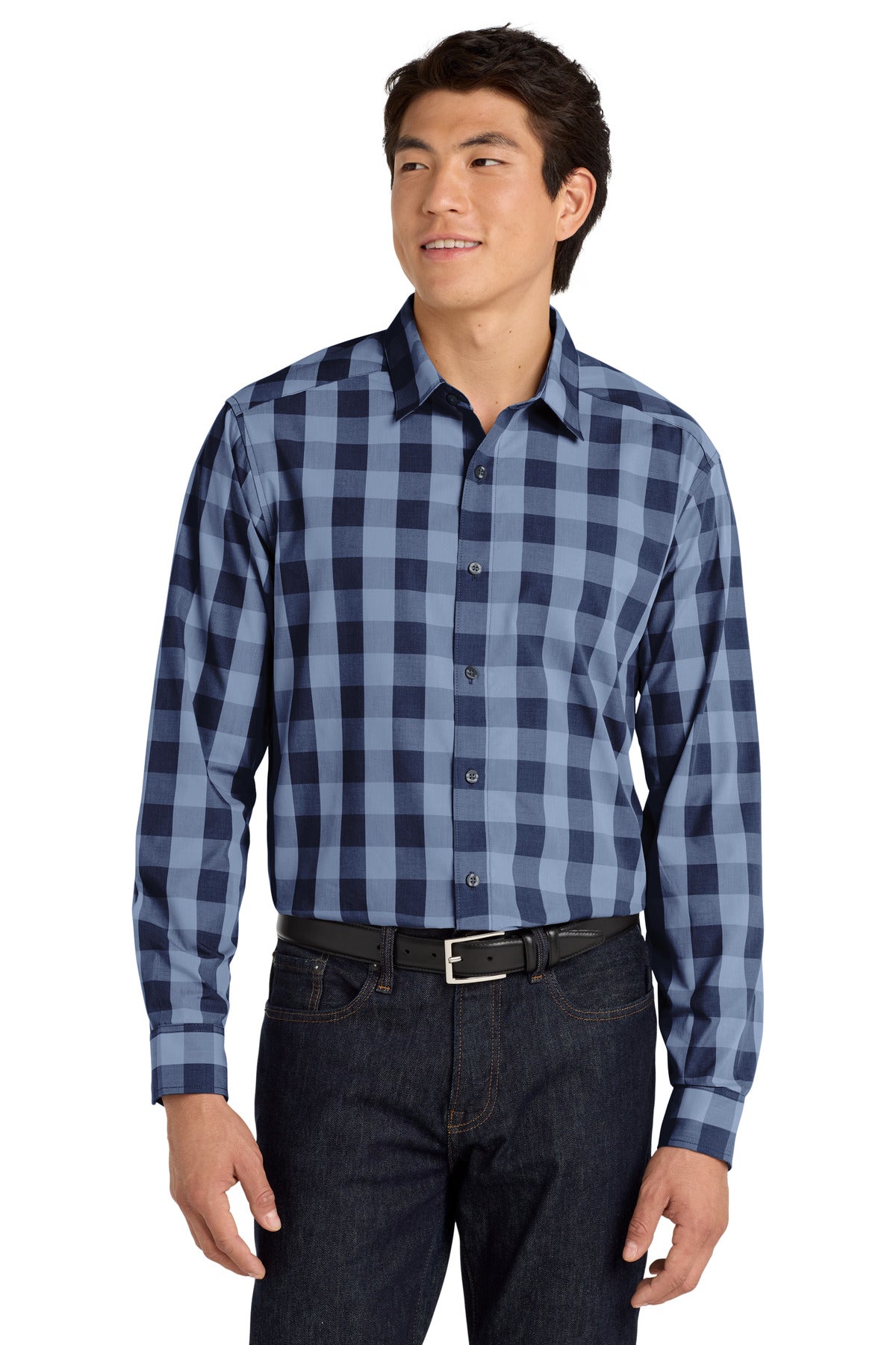 Front View of True Navy Port Authority Everyday Plaid Shirt. W670