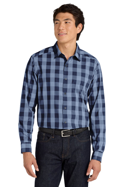 Front View of True Navy Port Authority Everyday Plaid Shirt. W670