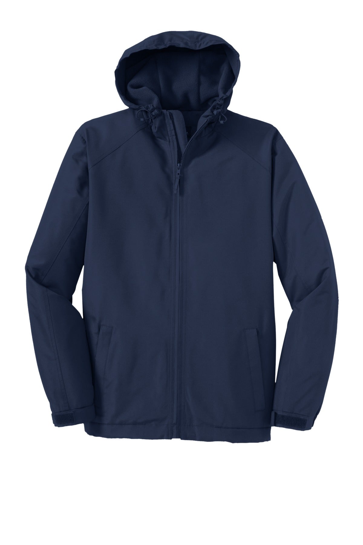 Front View of True Navy Port Authority Hooded Charger Jacket. J327