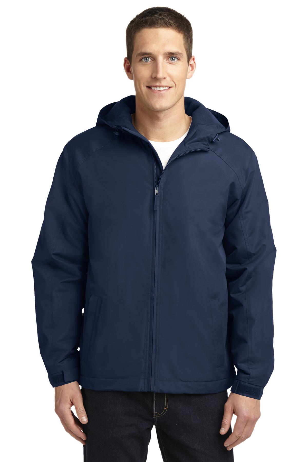 Front View of True Navy Port Authority Hooded Charger Jacket. J327
