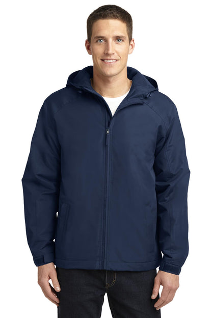 Front View of True Navy Port Authority Hooded Charger Jacket. J327