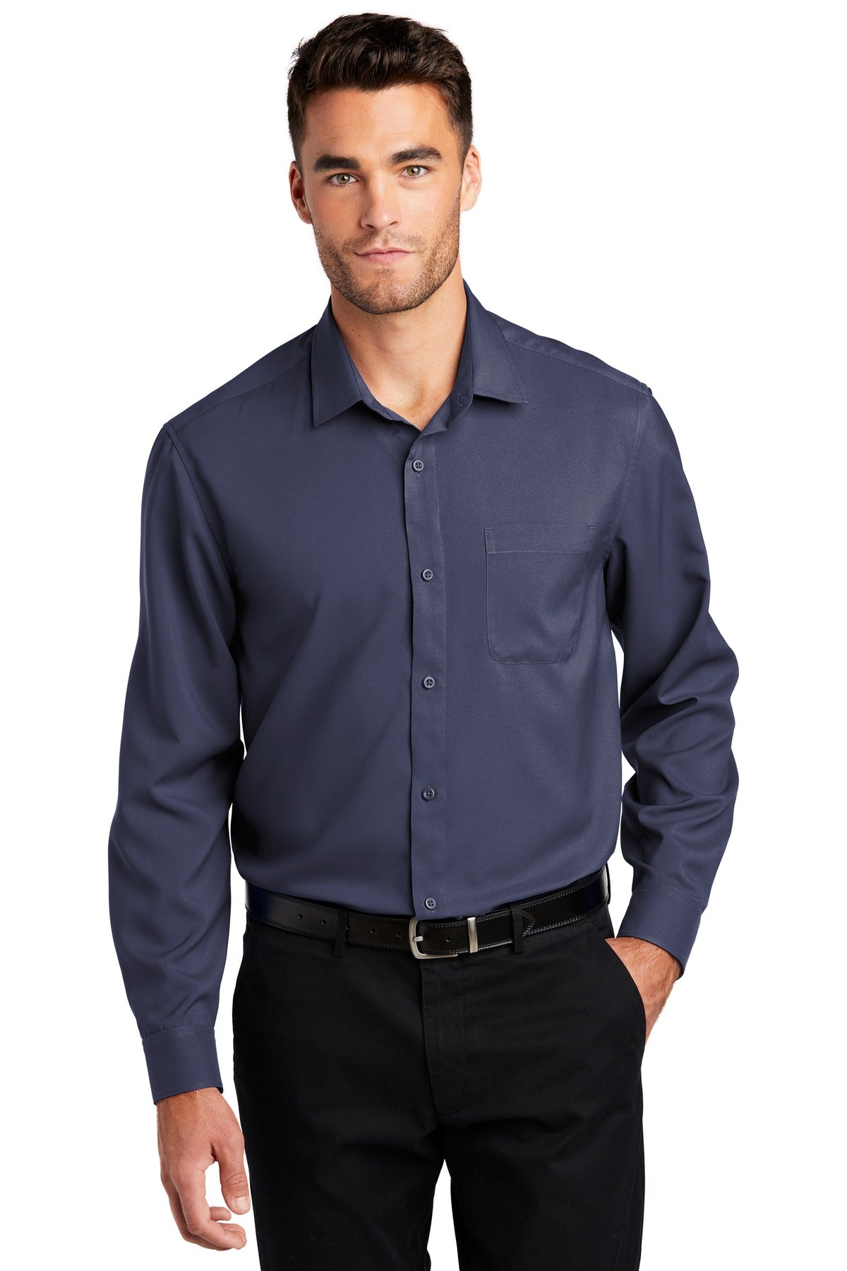 Front View of True Navy Port Authority Long Sleeve Performance Staff Shirt W401