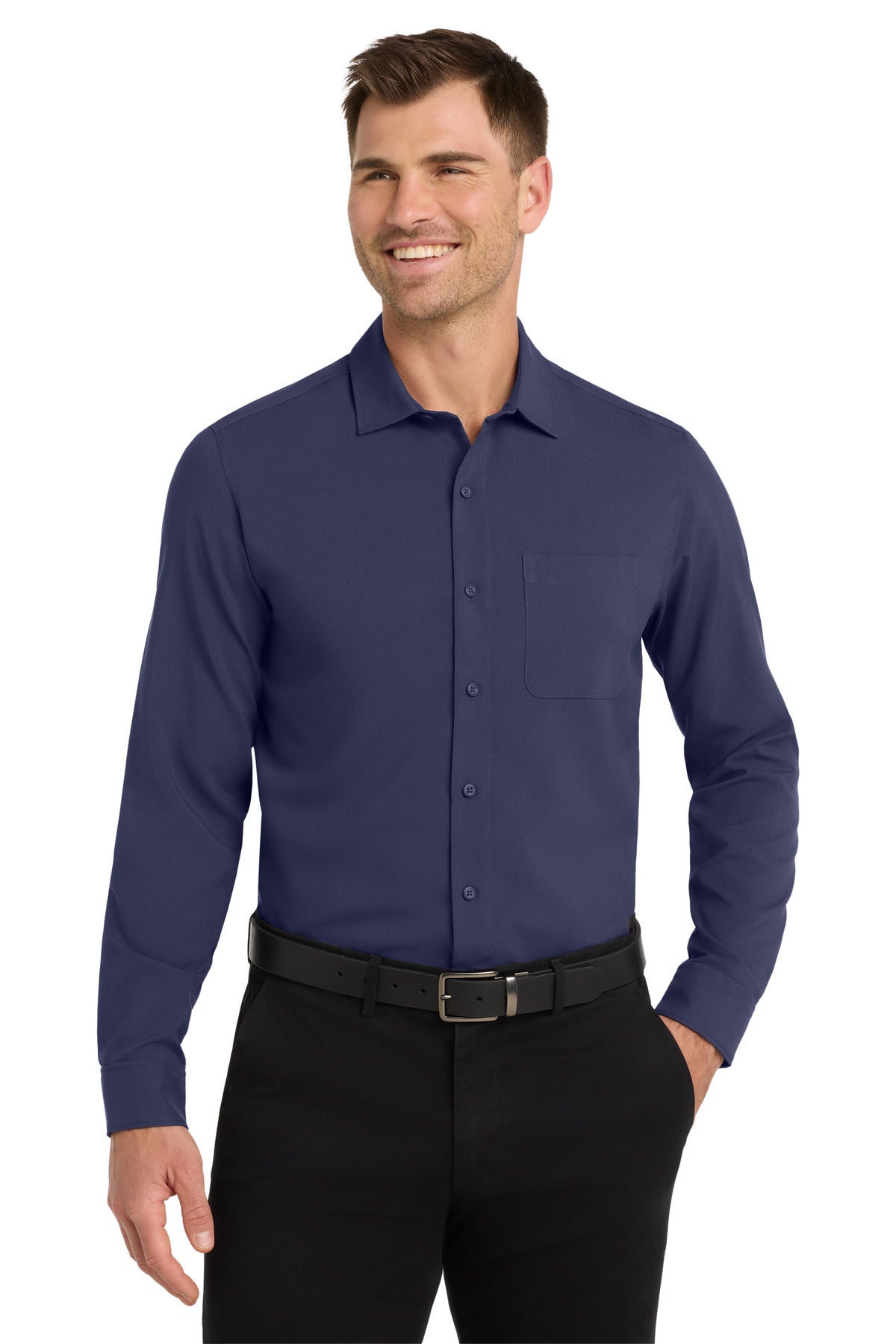 Front View of True Navy Port Authority Long Sleeve Performance Staff Shirt W401