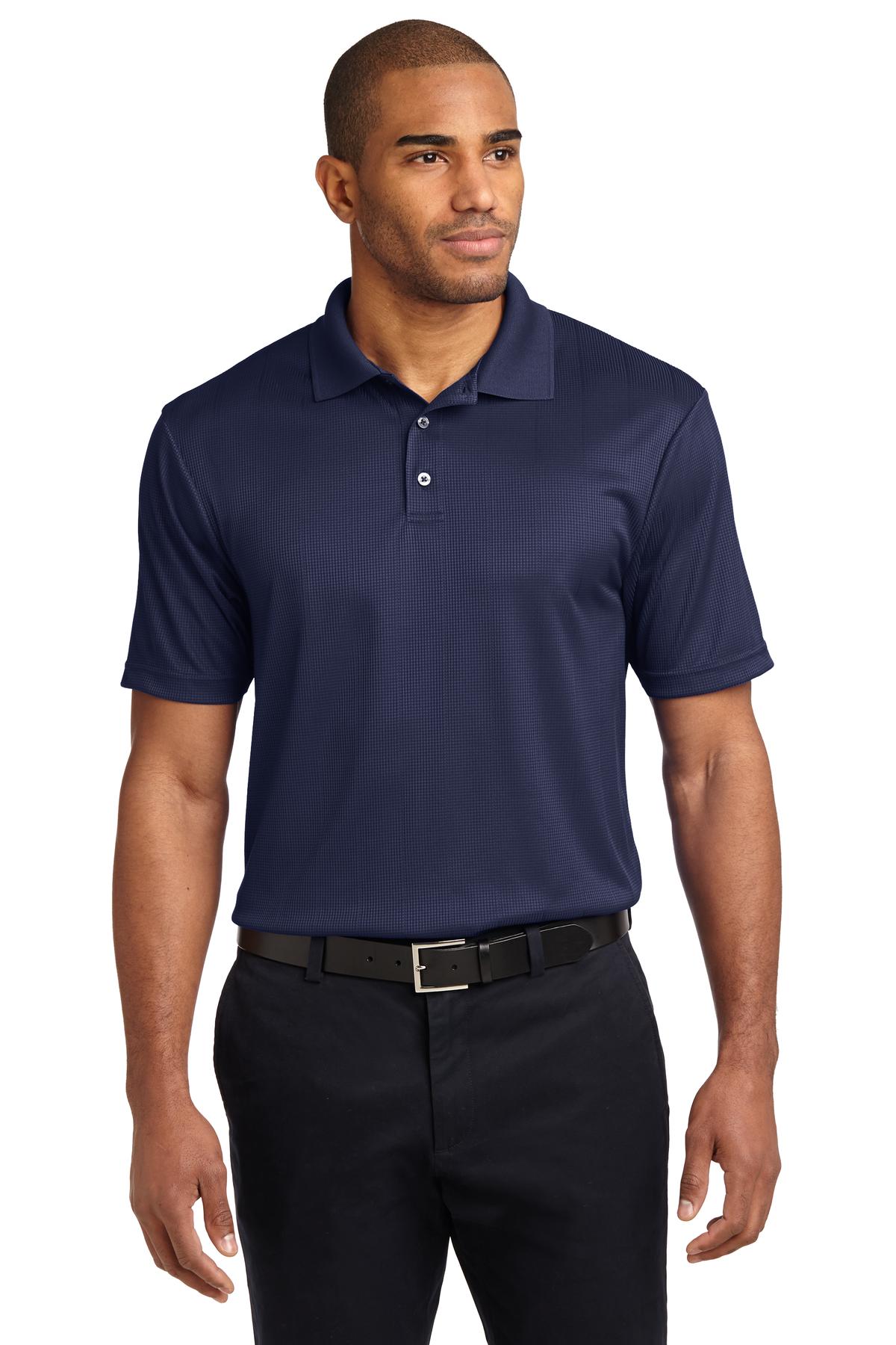 Front View of True Navy Port Authority Performance Fine Jacquard Polo. K528
