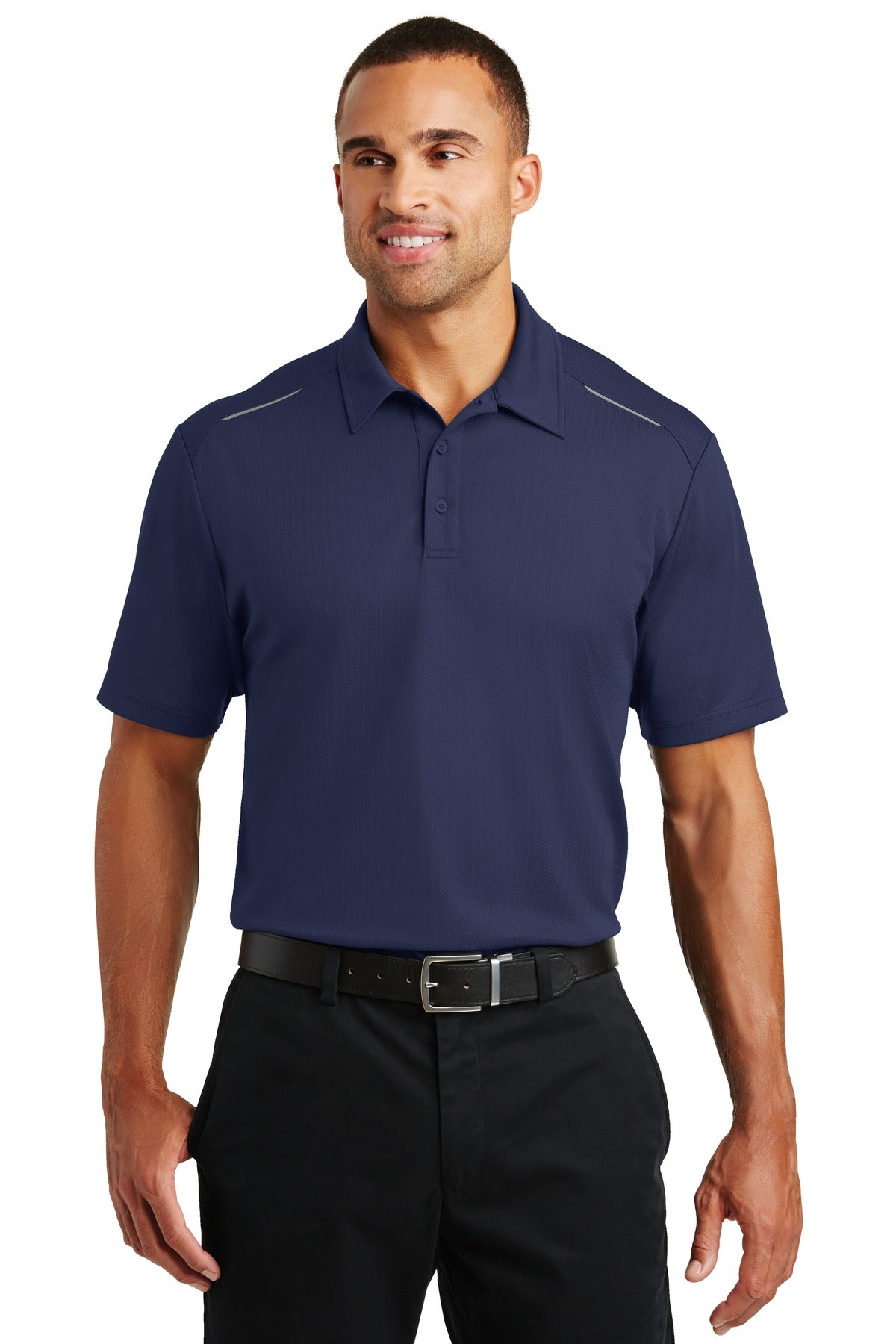 Front View of True Navy Port Authority Pinpoint Mesh Polo. K580