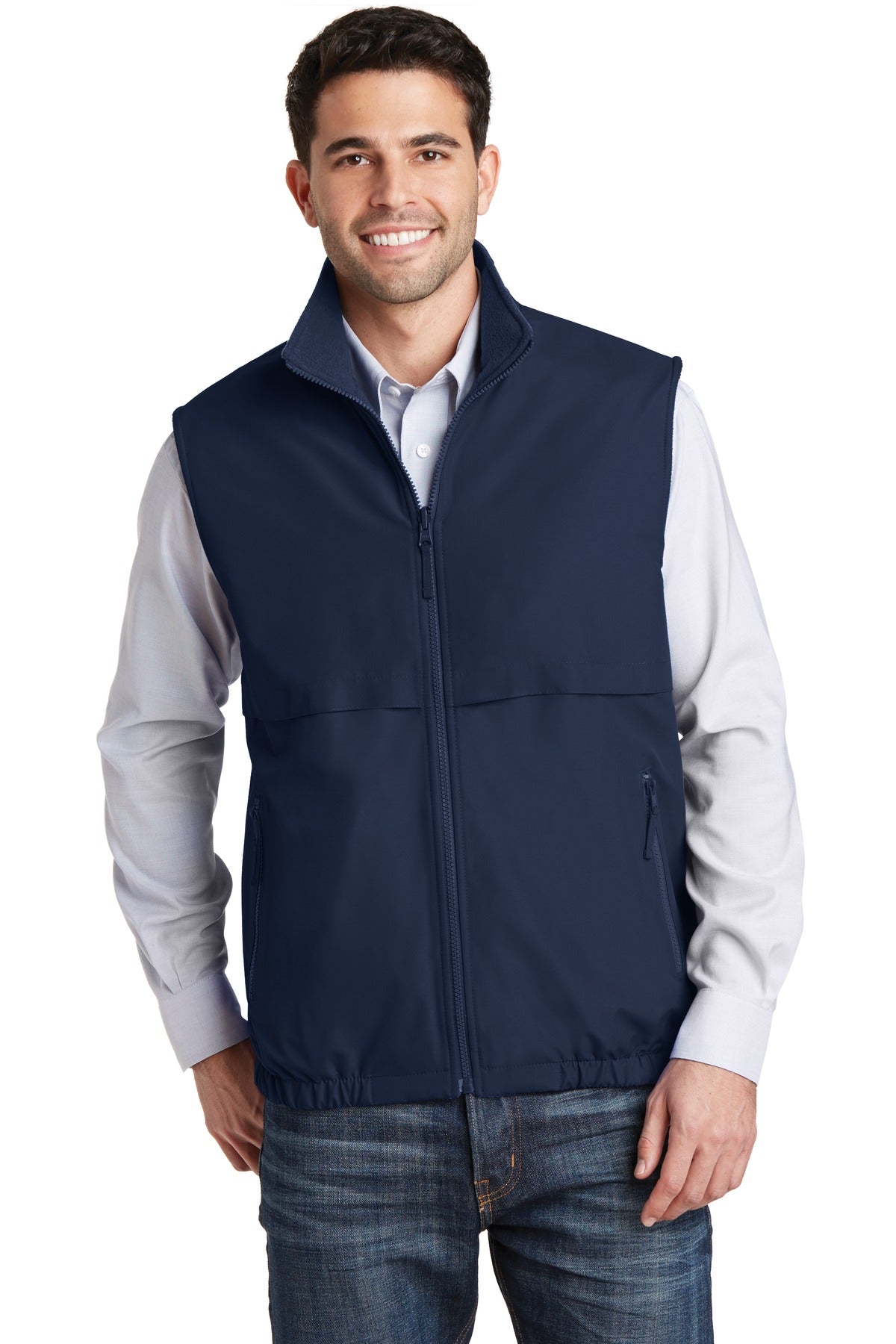 Front View of True Navy Port Authority Reversible Charger Vest. J7490