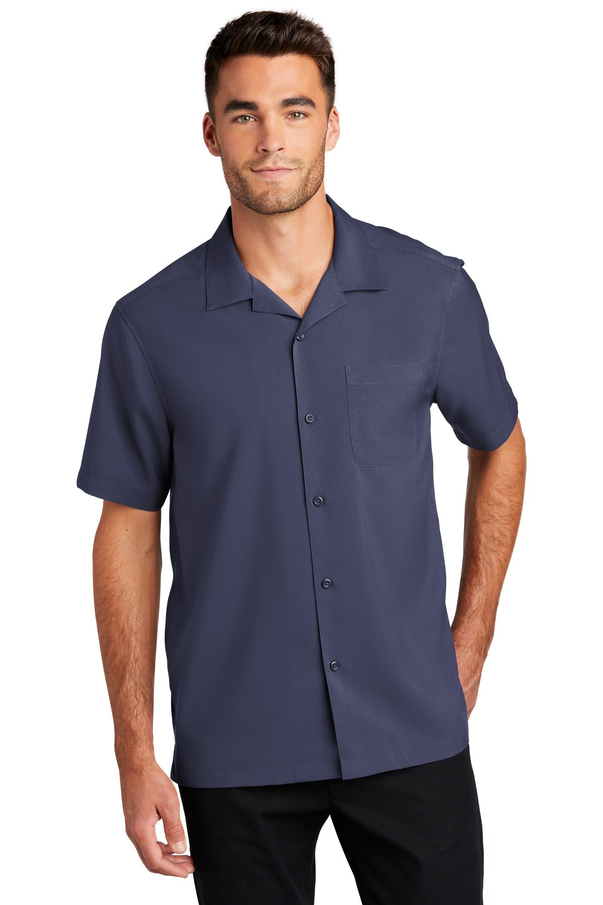 Front View of True Navy Port Authority Short Sleeve Performance Staff Shirt W400