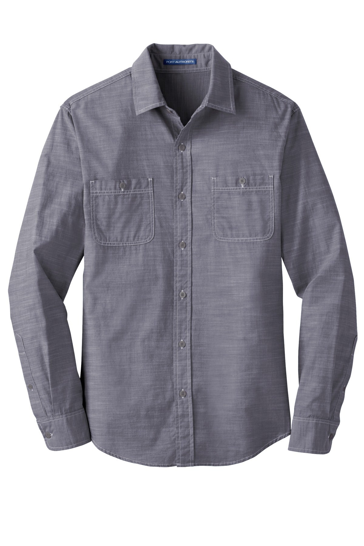 Front View of True Navy Port Authority Slub Chambray Shirt. W380