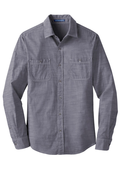 Front View of True Navy Port Authority Slub Chambray Shirt. W380