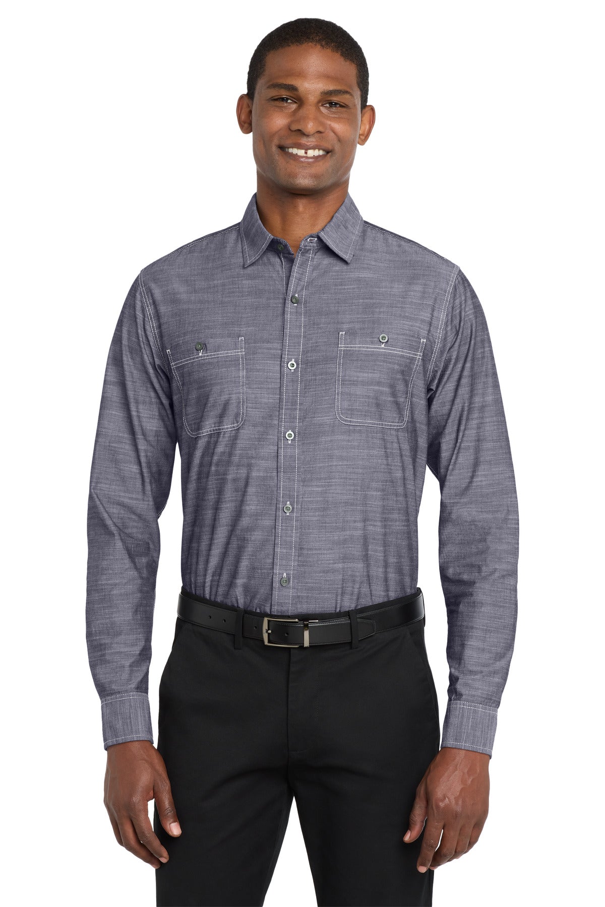 Front View of True Navy Port Authority Slub Chambray Shirt. W380