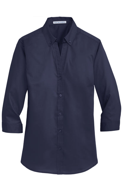 Front View of True Navy Port Authority Women's 3/4-Sleeve SuperPro Twill Shirt. L665