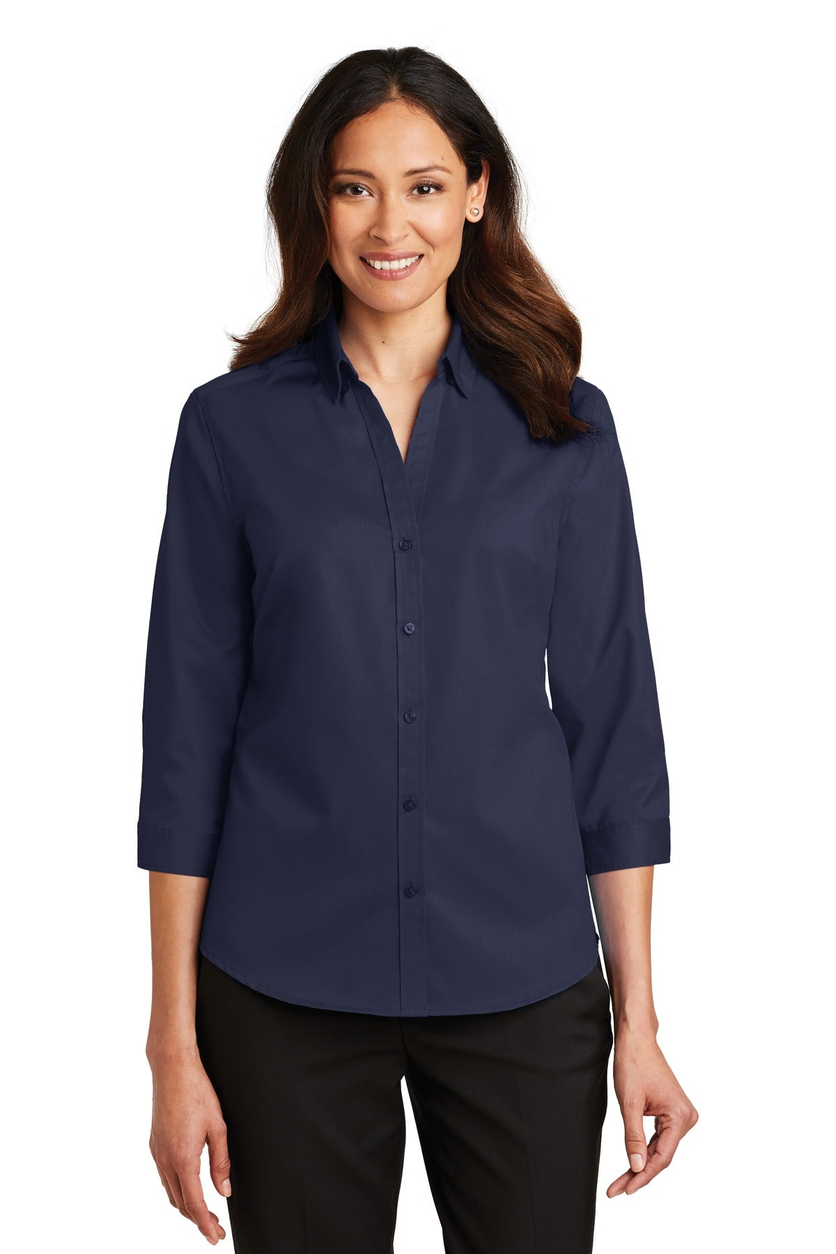 Front View of True Navy Port Authority Women's 3/4-Sleeve SuperPro Twill Shirt. L665
