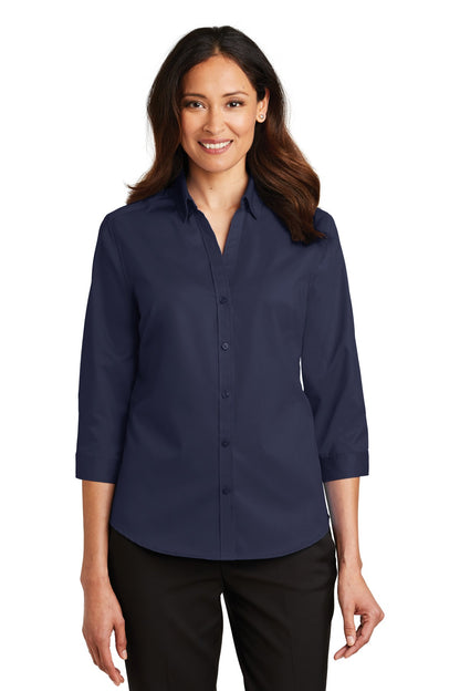 Front View of True Navy Port Authority Women's 3/4-Sleeve SuperPro Twill Shirt. L665