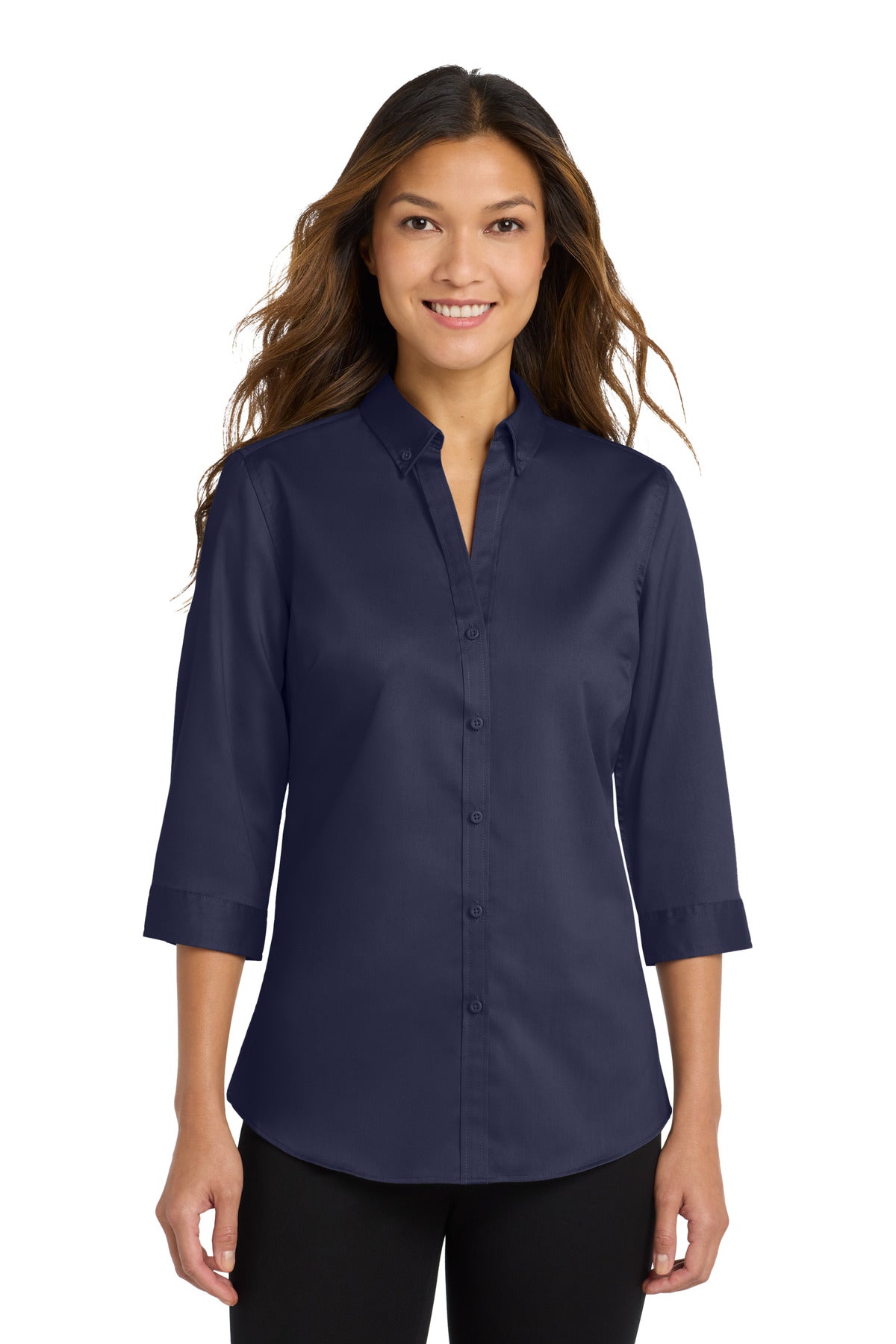 Front View of True Navy Port Authority Women's 3/4-Sleeve SuperPro Twill Shirt. L665