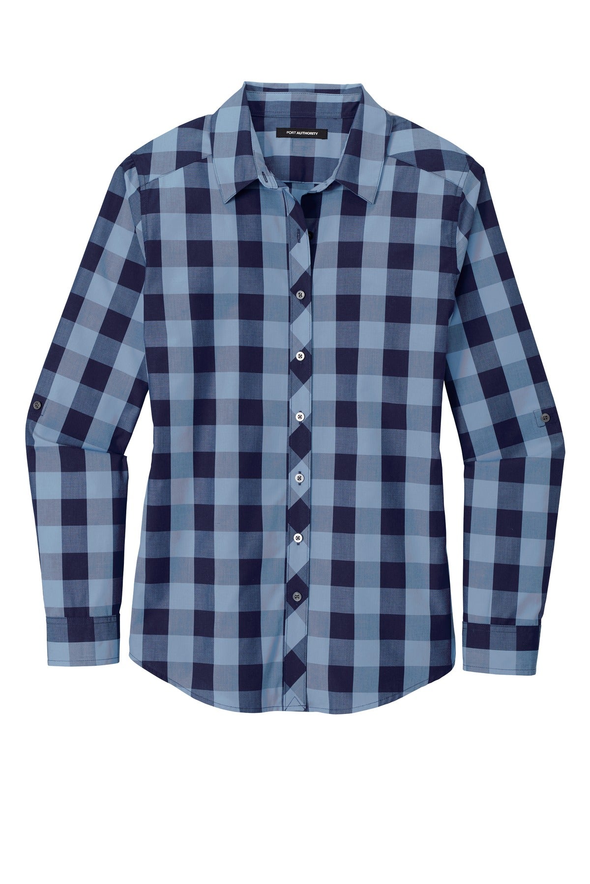 Front View of True Navy Port Authority Women's Everyday Plaid Shirt. LW670