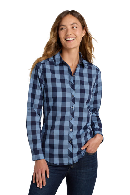Front View of True Navy Port Authority Women's Everyday Plaid Shirt. LW670