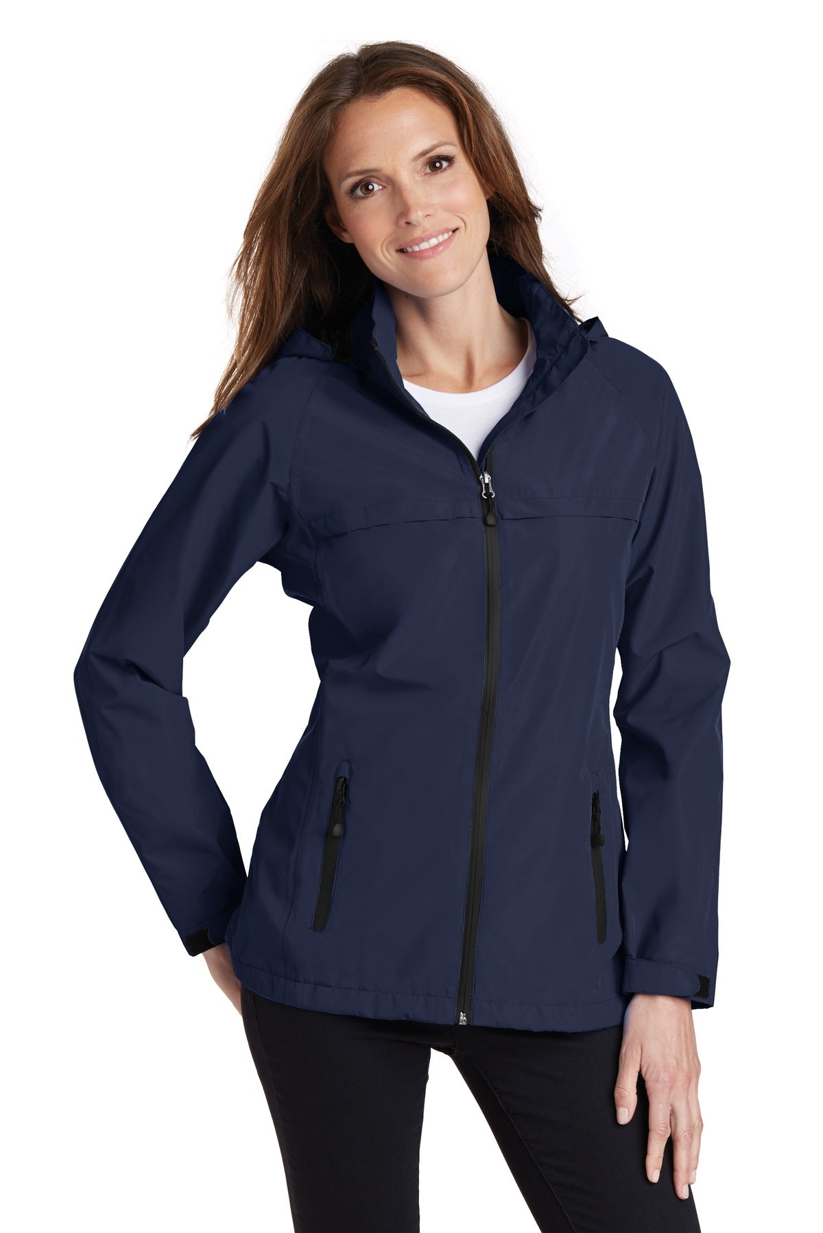 Front View of True Navy Port Authority Women's Torrent Waterproof Jacket. L333