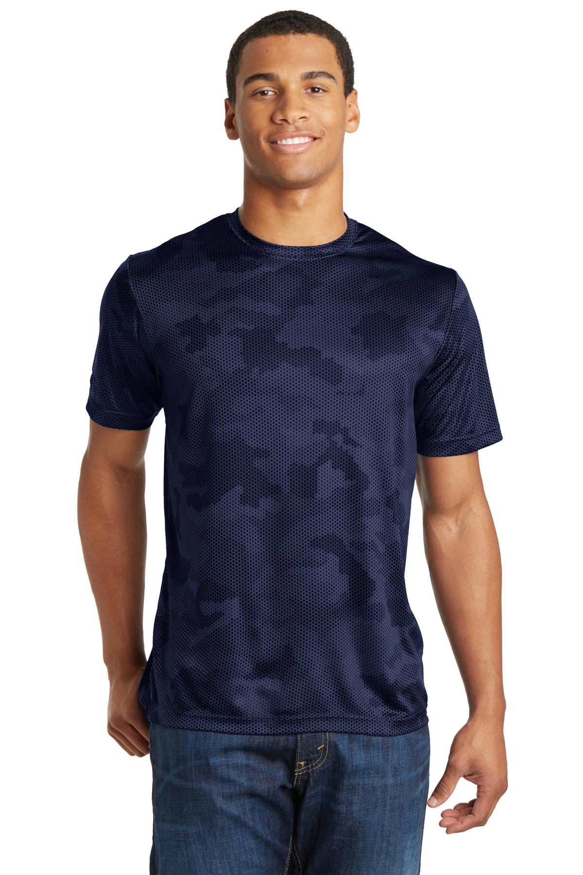 Front View of True Navy Sport-Tek CamoHex Tee. ST370