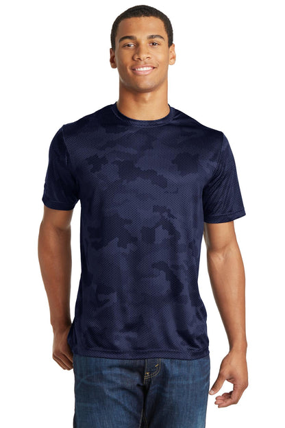 Front View of True Navy Sport-Tek CamoHex Tee. ST370