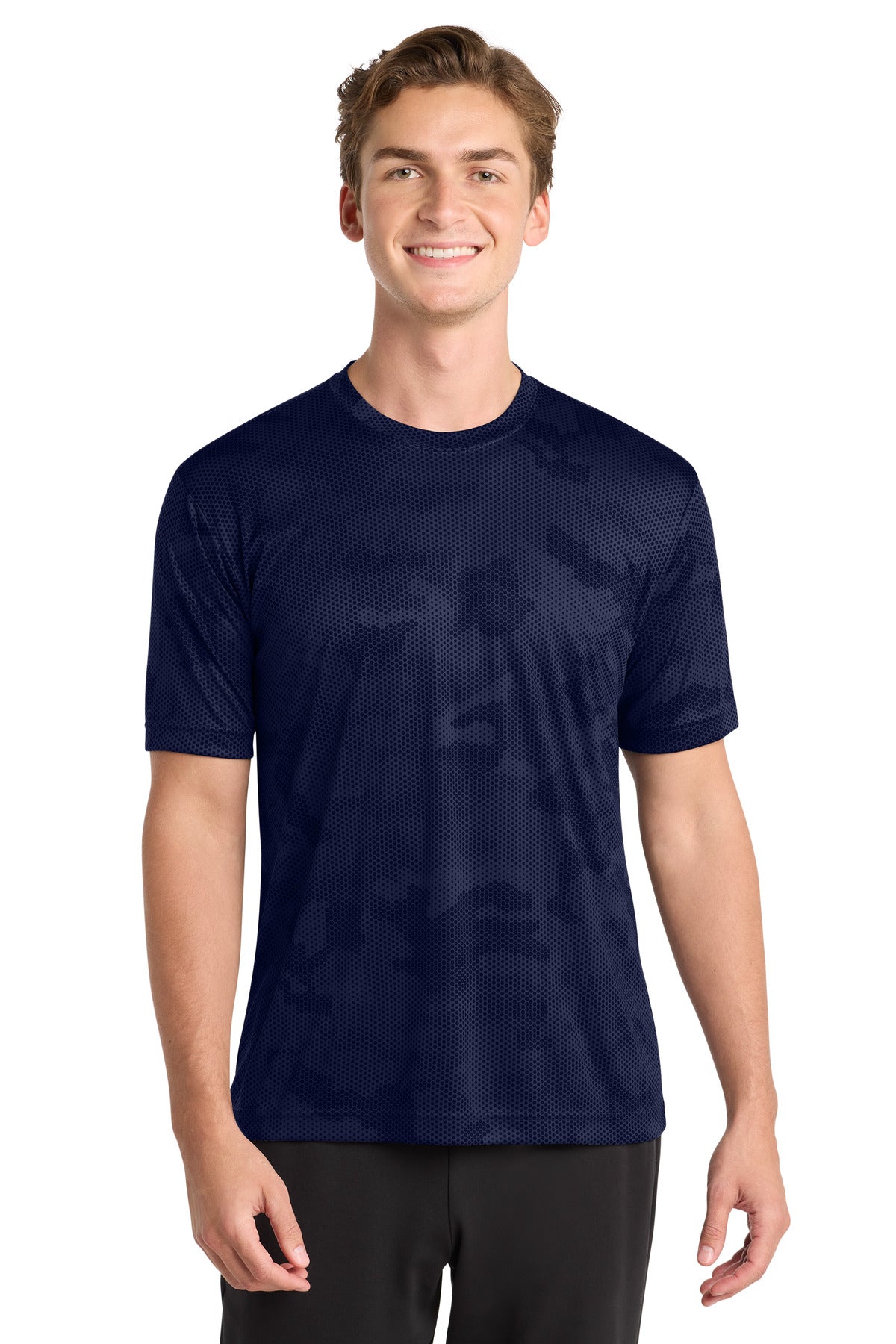 Front View of True Navy Sport-Tek CamoHex Tee. ST370