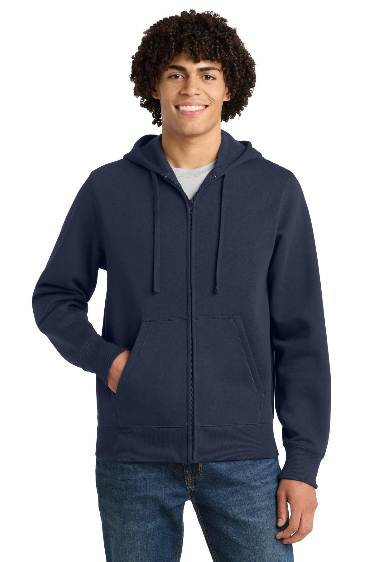 Front View of True Navy Sport-Tek Full-Zip Hooded Sweatshirt. ST258