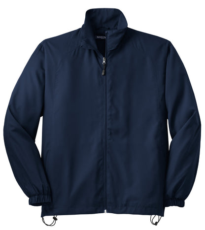 Front View of True Navy Sport-Tek Full-Zip Wind Jacket. JST70