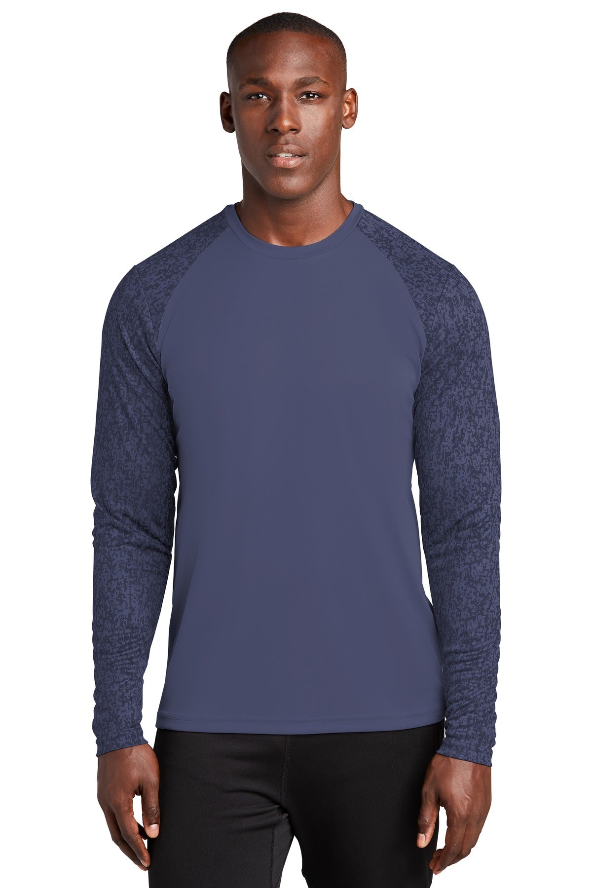 Front View of True Navy Sport-Tek Long Sleeve Digi Camo Tee. ST460LS