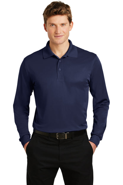 Front View of True Navy Sport-Tek Long Sleeve Micropique Sport-Wick Polo. ST657