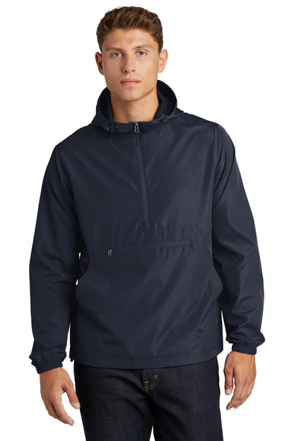 Front View of True Navy Sport-Tek Packable Anorak. JST66