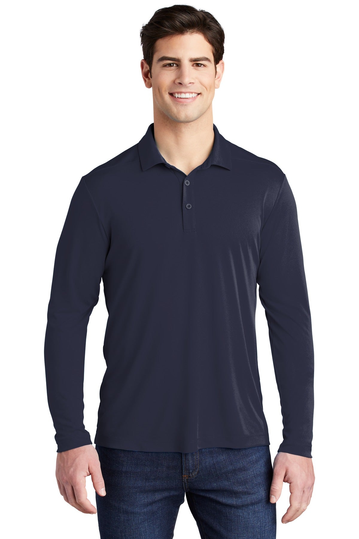 Front View of True Navy Sport-Tek Posi-UV Pro Long Sleeve Polo. ST520LS