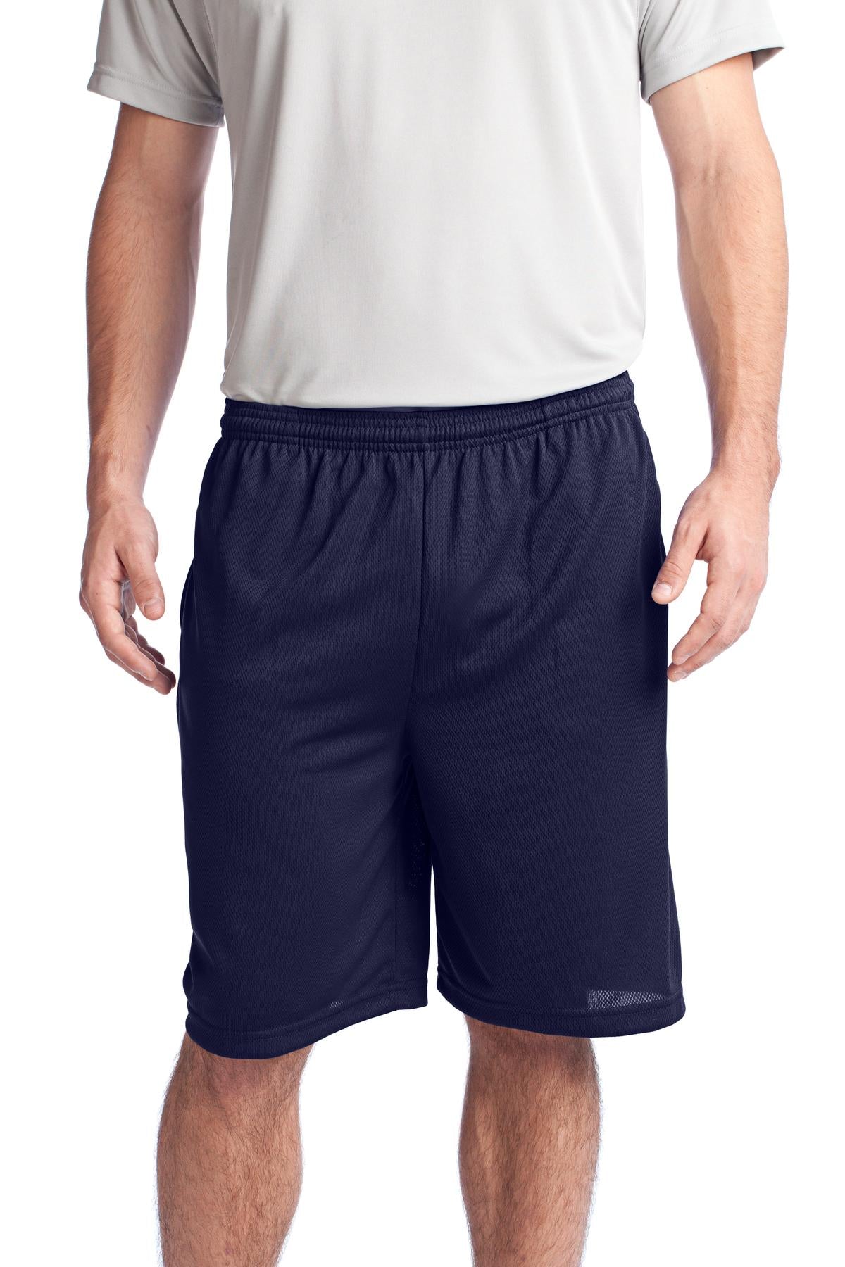 Front View of True Navy Sport-Tek PosiCharge Tough Mesh Pocket Short. ST312