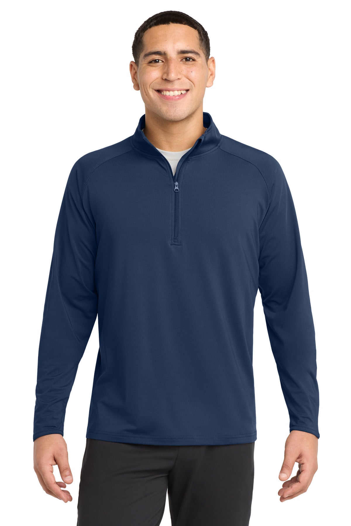 Front View of True Navy Sport-Tek Sport-Wick Stretch 1/4-Zip Pullover. ST850