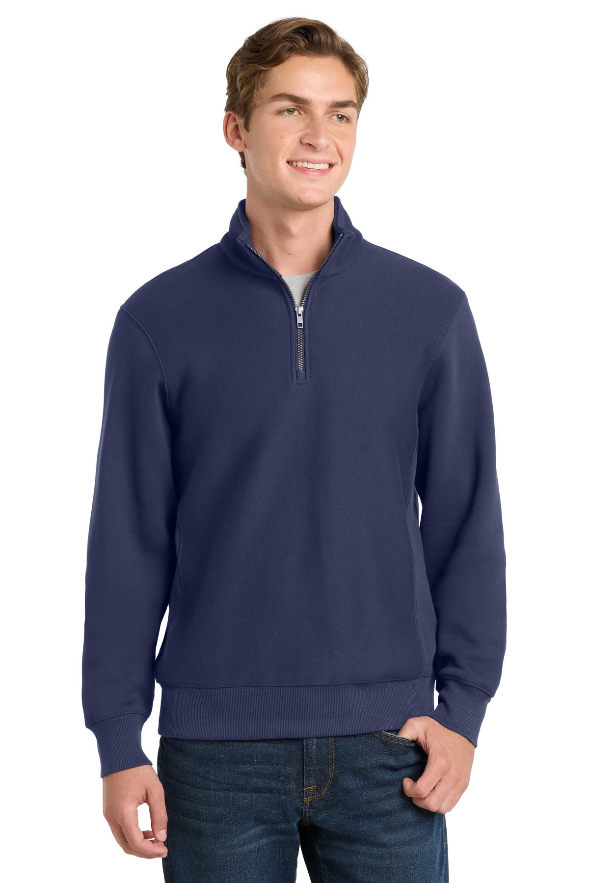 Front View of True Navy Sport-Tek Super Heavyweight 1/4-Zip Pullover Sweatshirt. ST283