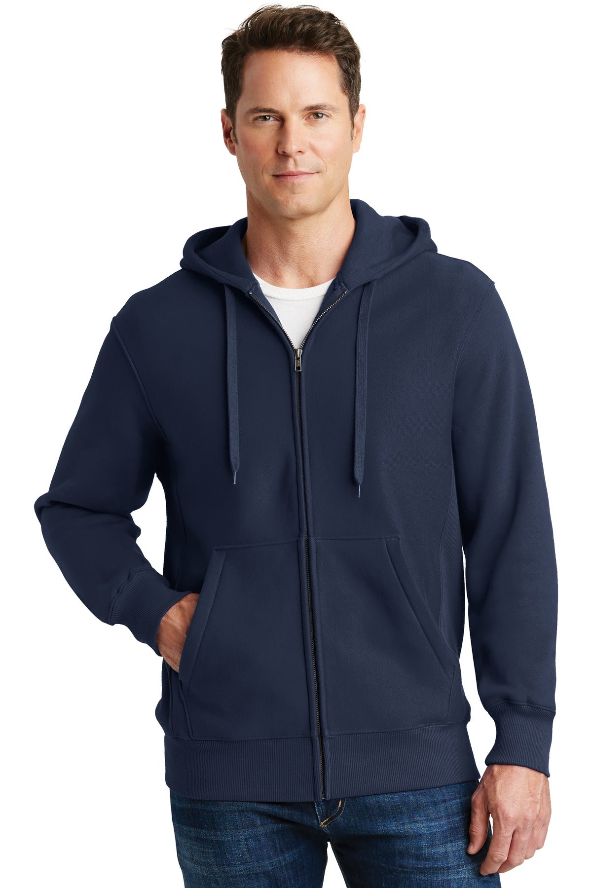 Front View of True Navy Sport-Tek Super Heavyweight Full-Zip Hooded Sweatshirt. F282