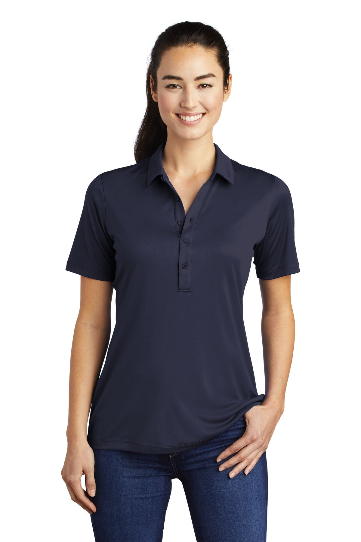 Front View of True Navy Sport-Tek Women's Posi-UV Pro Polo. LST520
