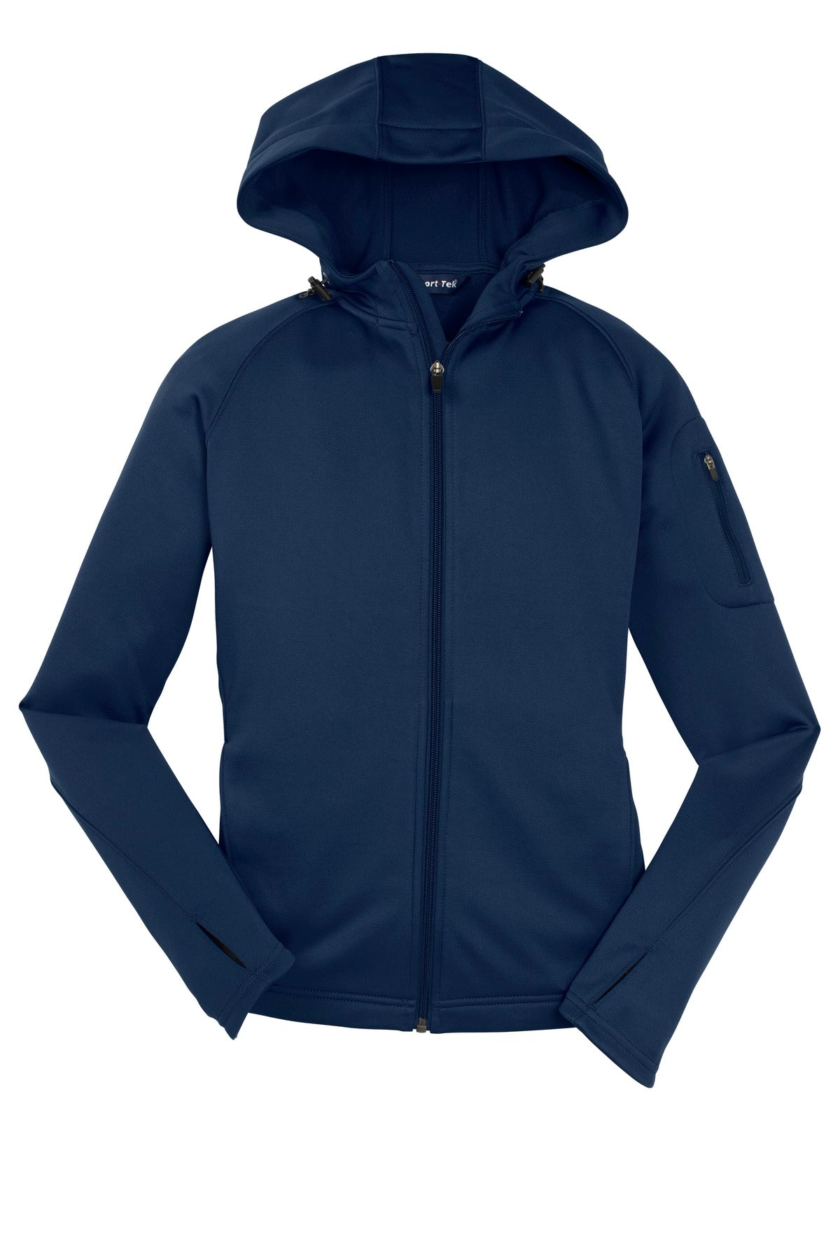 Front View of True Navy Sport-Tek Women's Tech Fleece Full-Zip Hooded Jacket. L248