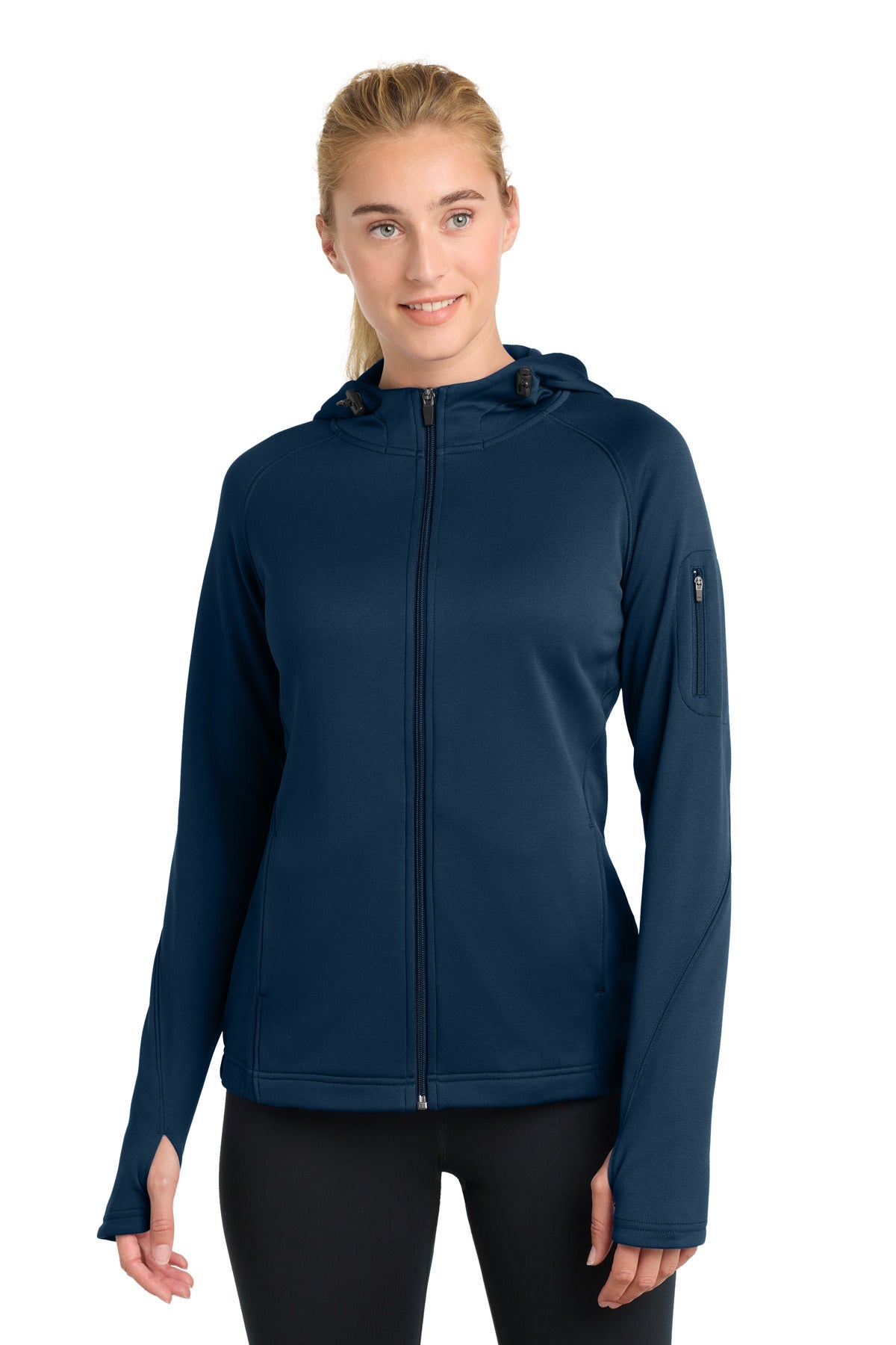 Front View of True Navy Sport-Tek Women's Tech Fleece Full-Zip Hooded Jacket. L248
