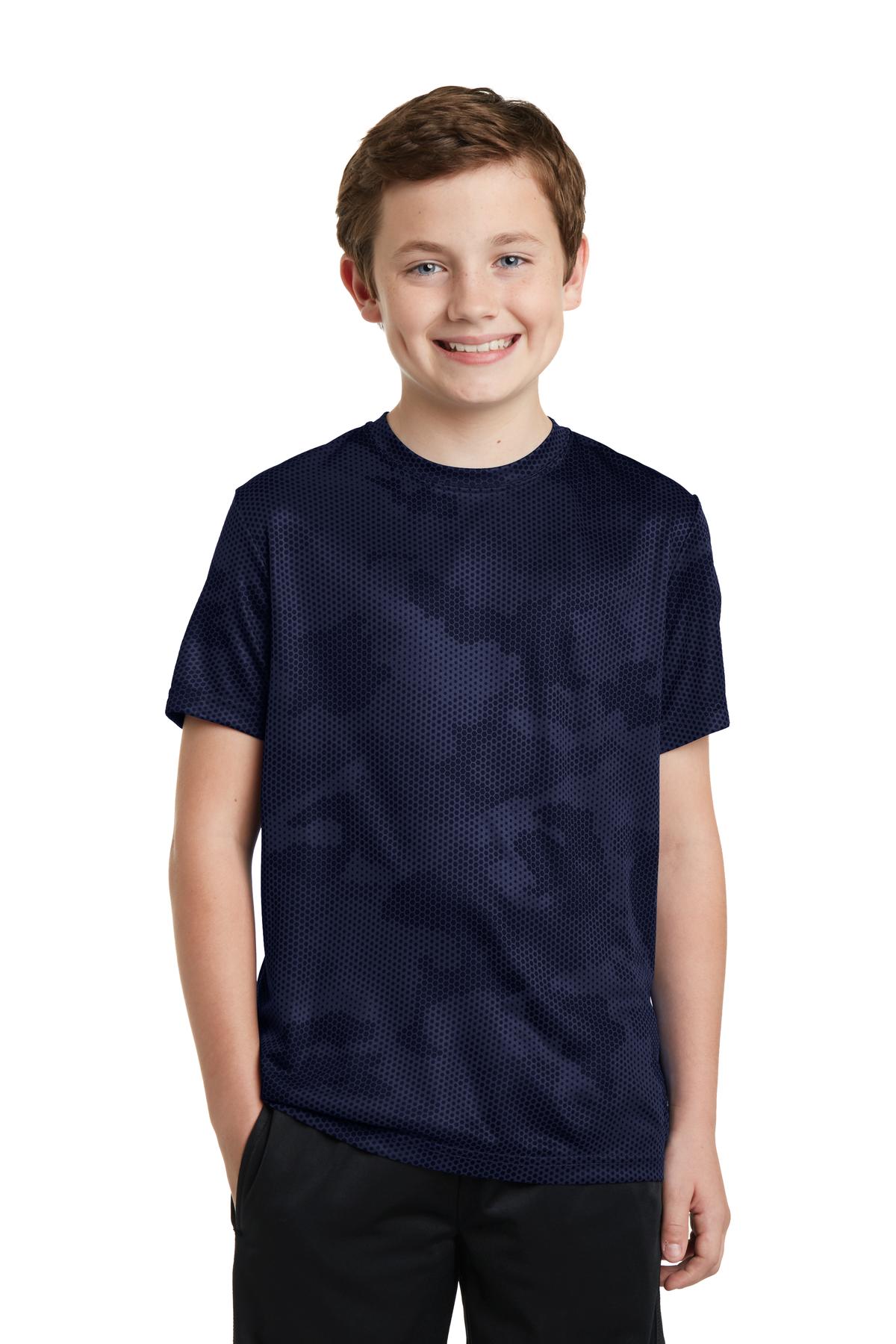 Front View of True Navy Sport-Tek Youth CamoHex Tee. YST370