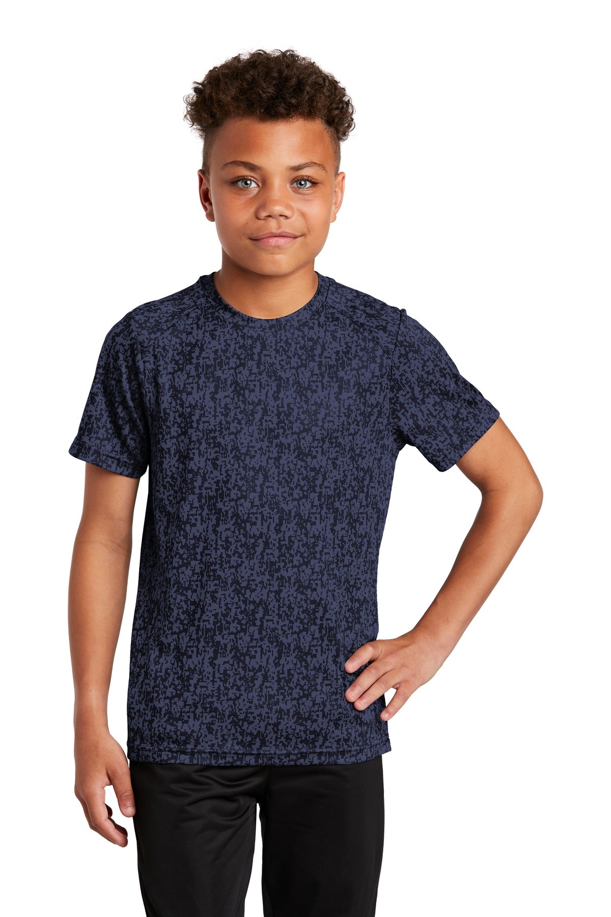 Front View of True Navy Sport-Tek Youth Digi Camo Tee. YST460